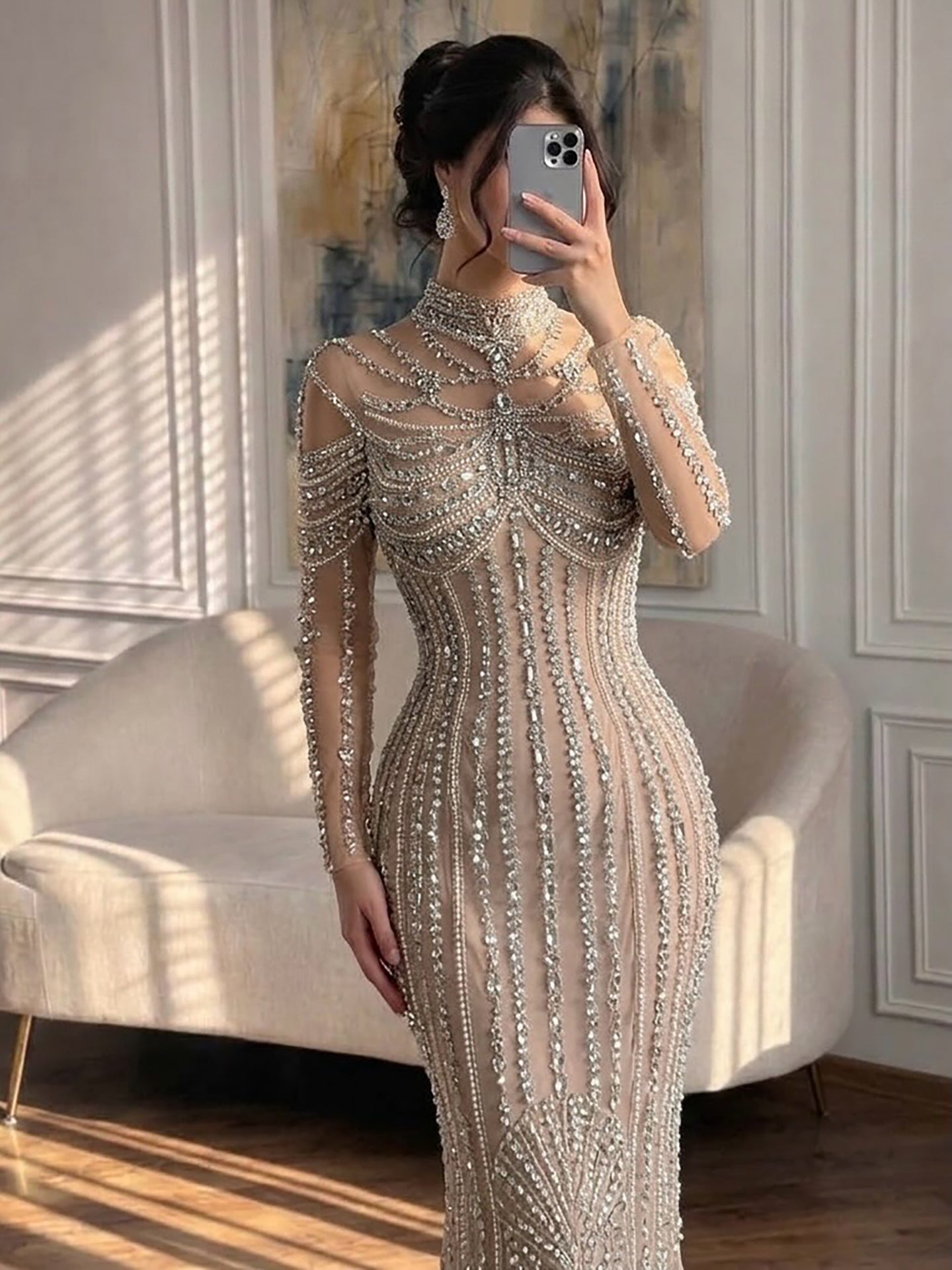 Luxury Nude Crystal Beaded Mermaid Evening Dress LA73391