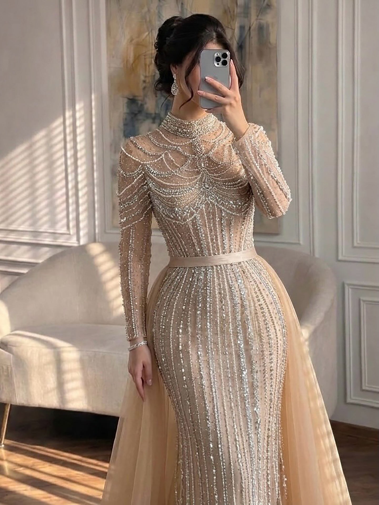 Luxury Nude High Neck Beaded Mermaid Evening Dress with Overskirt LA73391A