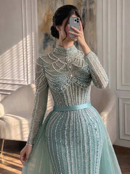 Luxury Nude High Neck Beaded Mermaid Evening Dress with Overskirt LA73391A