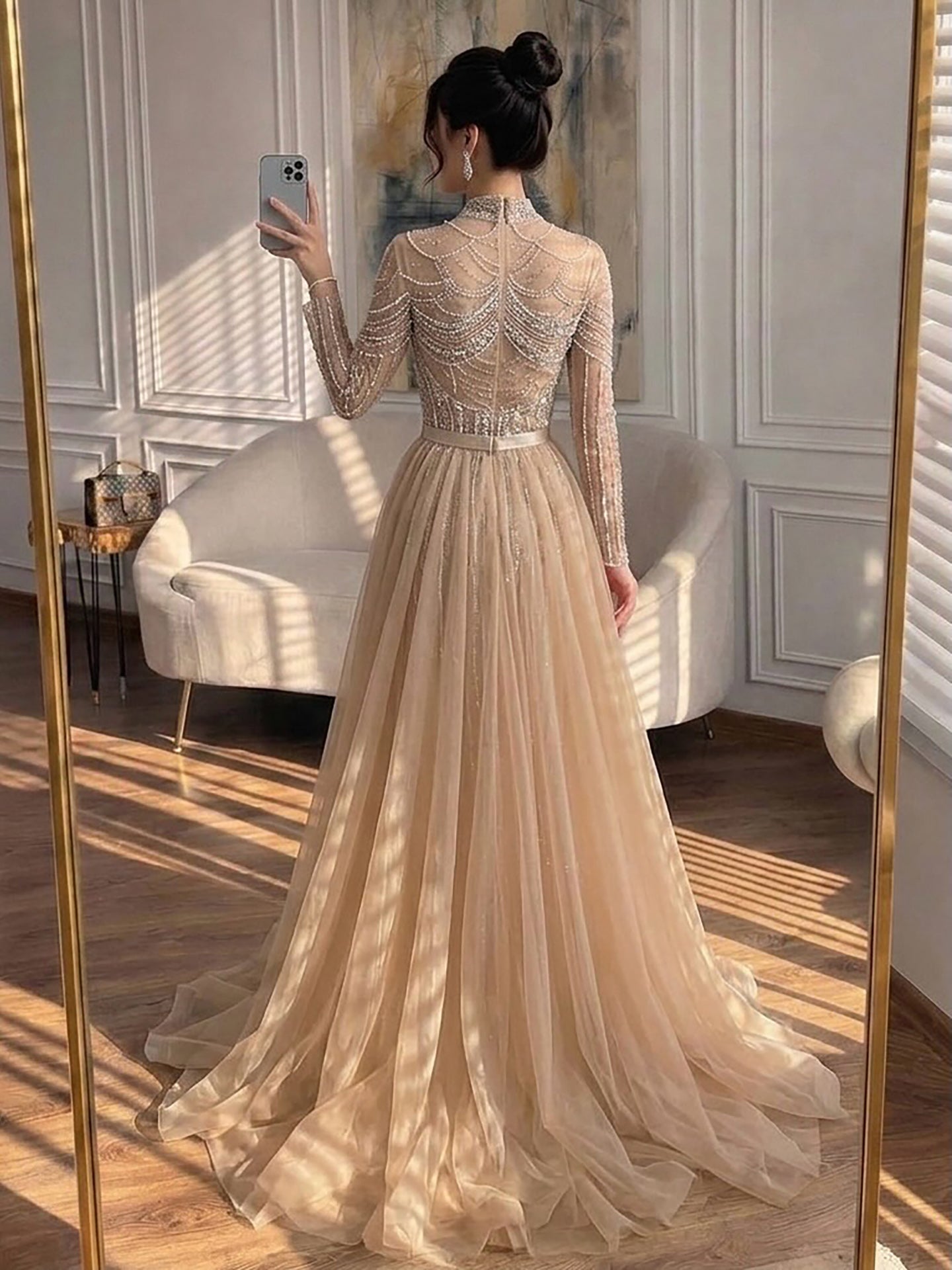 Luxury Nude High Neck Beaded Mermaid Evening Dress with Overskirt LA73391A