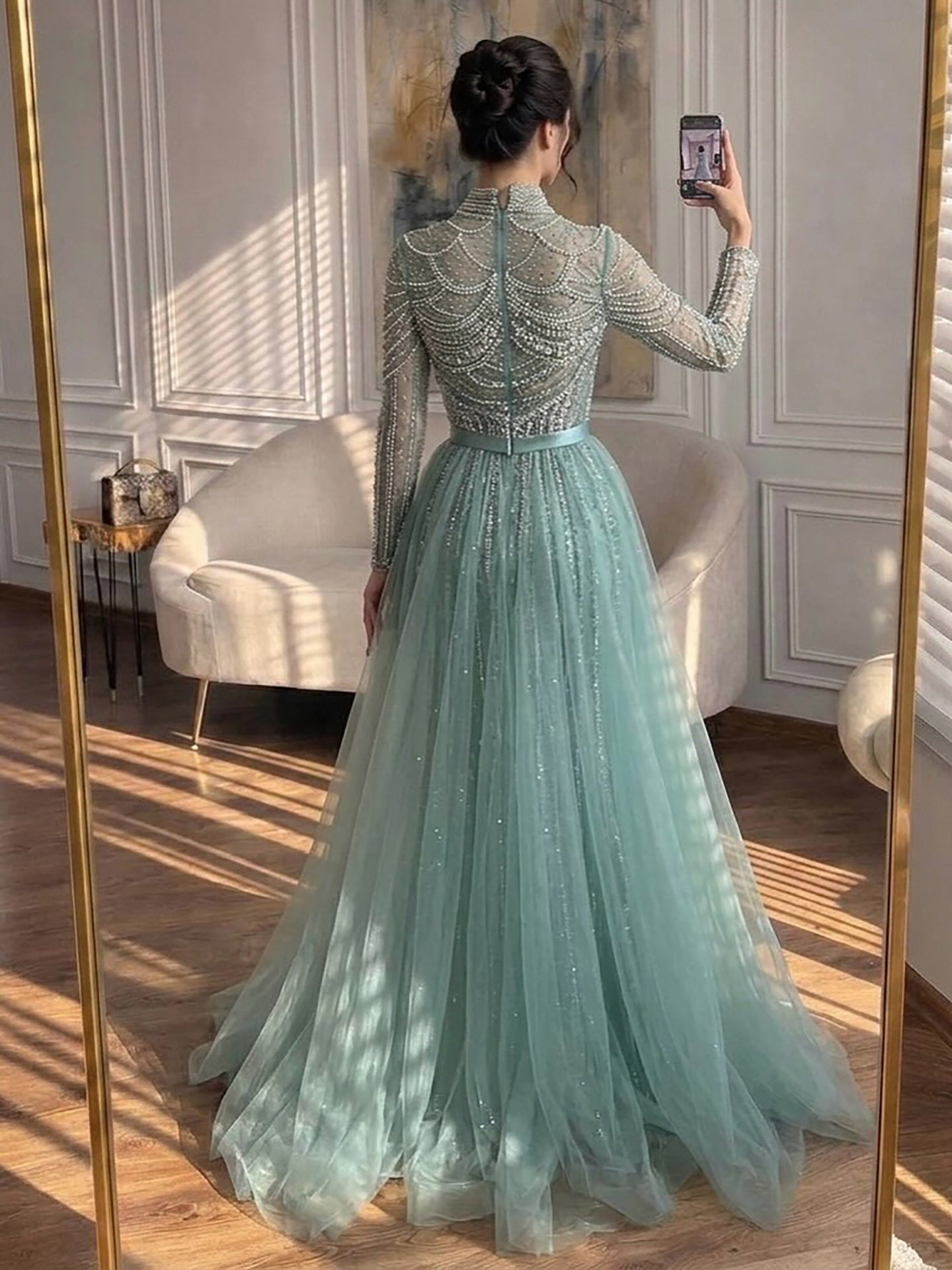 Luxury Nude High Neck Beaded Mermaid Evening Dress with Overskirt LA73391A