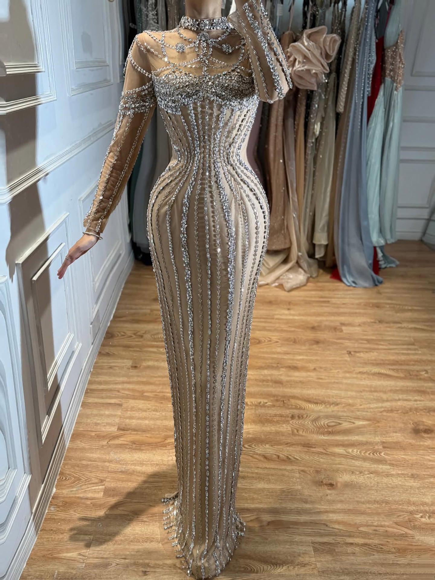 Luxury Nude Crystal Beaded Long Sleeves Mermaid Dress LA73391B SERENE HILL