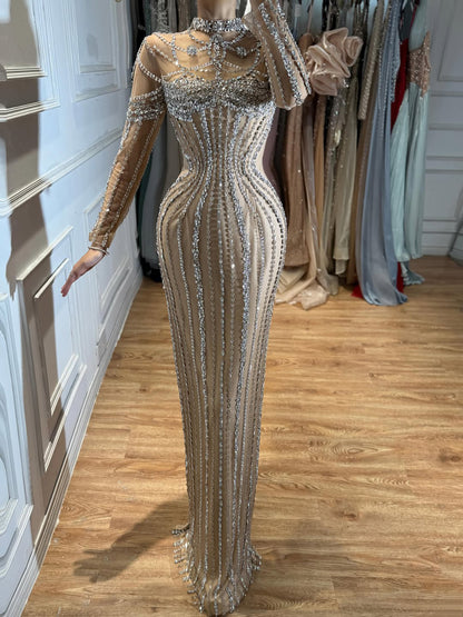 Luxury Nude Crystal Beaded Long Sleeves Mermaid Dress LA73391B SERENE HILL