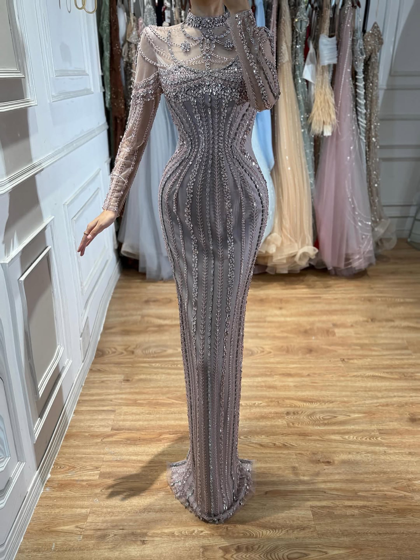 Luxury Nude Crystal Beaded Long Sleeves Mermaid Dress LA73391B SERENE HILL