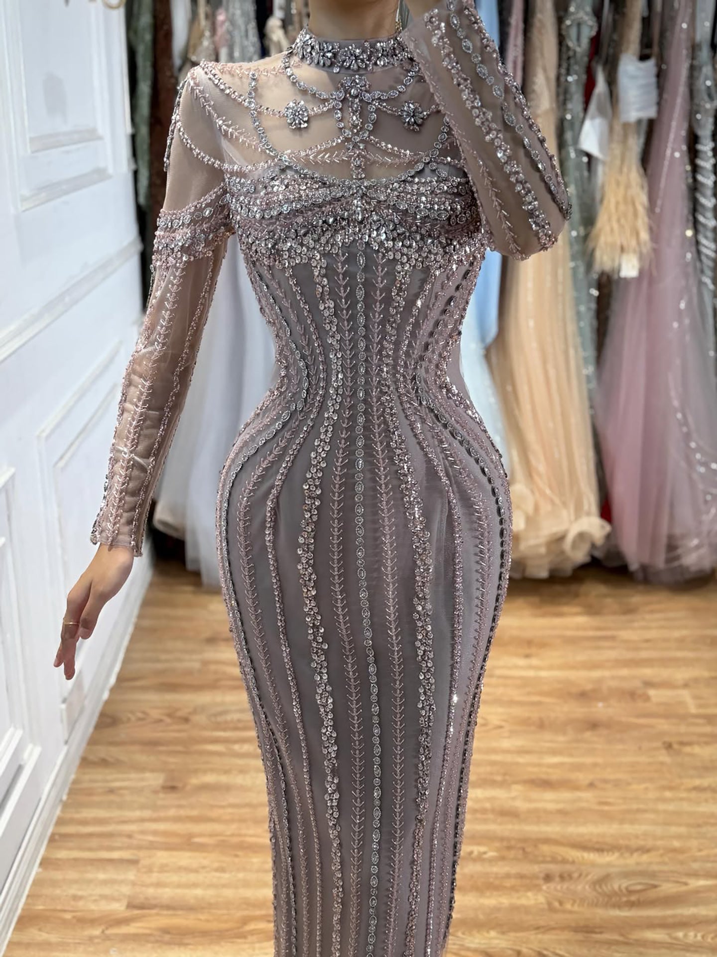 Luxury Nude Crystal Beaded Long Sleeves Mermaid Dress LA73391B SERENE HILL