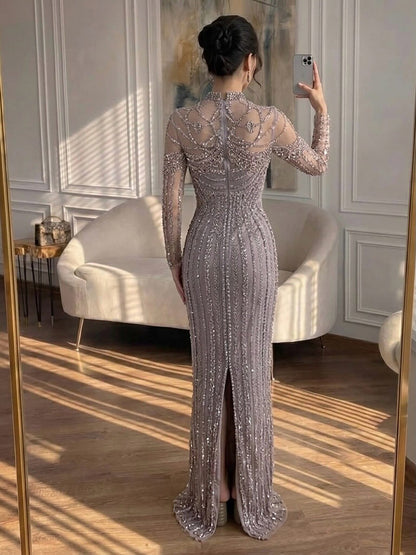 Luxury Nude Crystal Beaded Long Sleeves Mermaid Dress LA73391B SERENE HILL