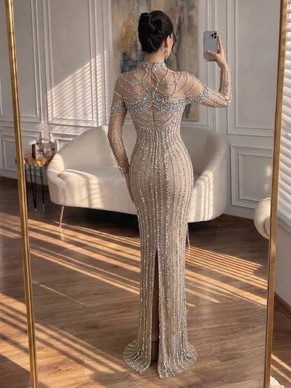 Luxury Nude Crystal Beaded Long Sleeves Mermaid Dress LA73391B SERENE HILL