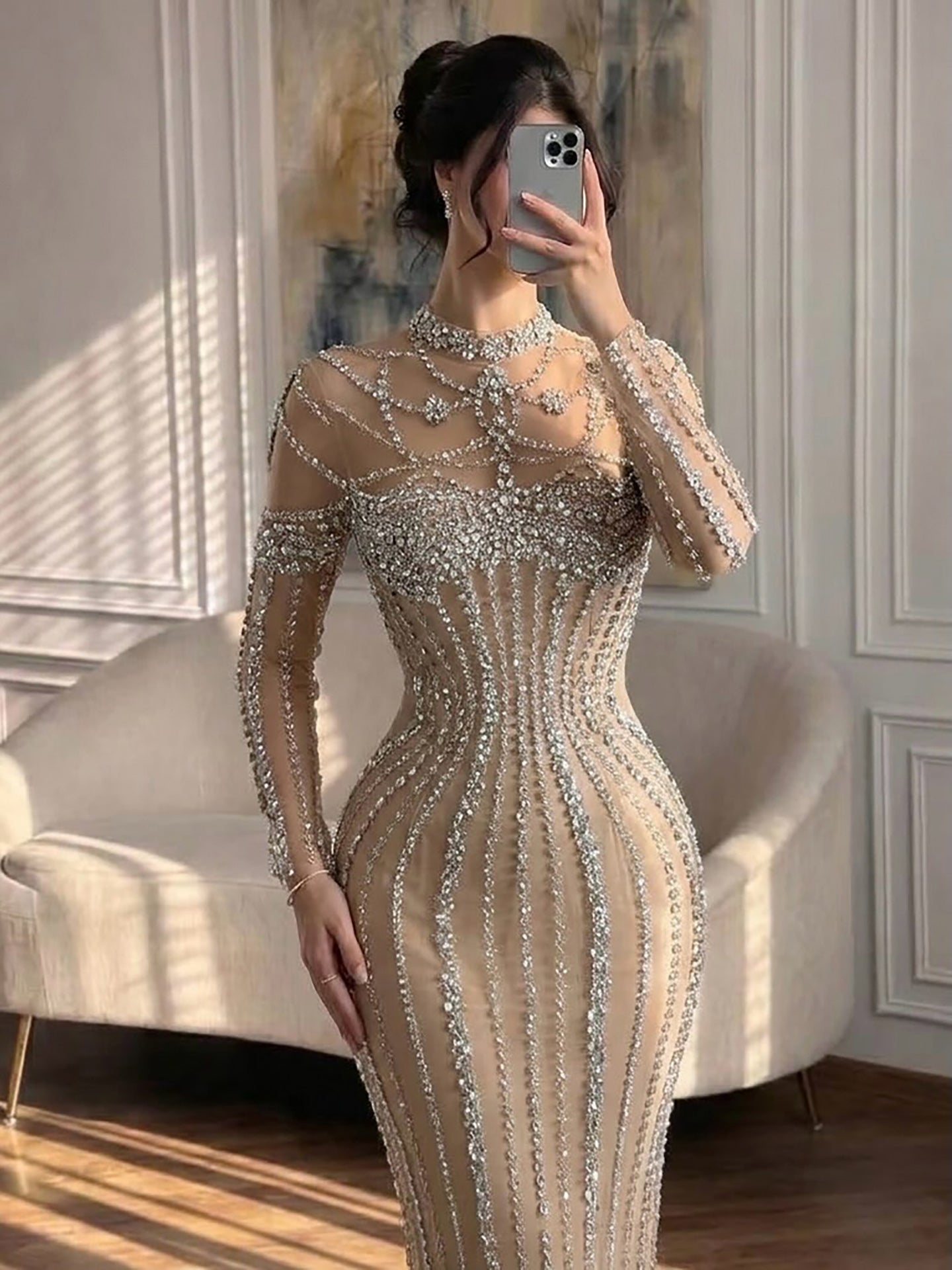 Luxury Nude Crystal Beaded Long Sleeves Mermaid Dress LA73391B SERENE HILL