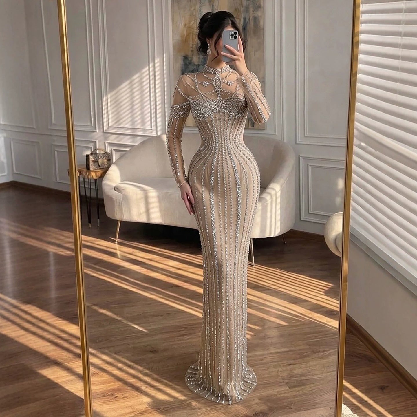 Luxury Nude Crystal Beaded Long Sleeves Mermaid Dress LA73391B SERENE HILL