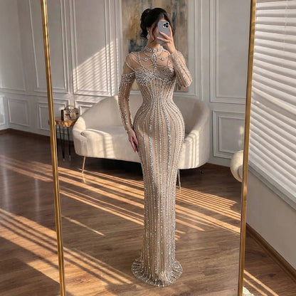 Luxury Nude Crystal Beaded Long Sleeves Mermaid Dress LA73391B SERENE HILL
