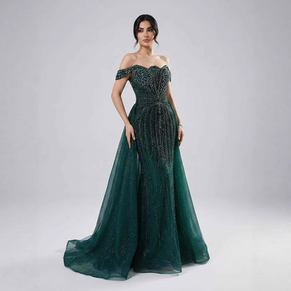 Luxury Beaded Nude Off Shoulder Mermaid Evening Dress LA73392 - SERENE HILL