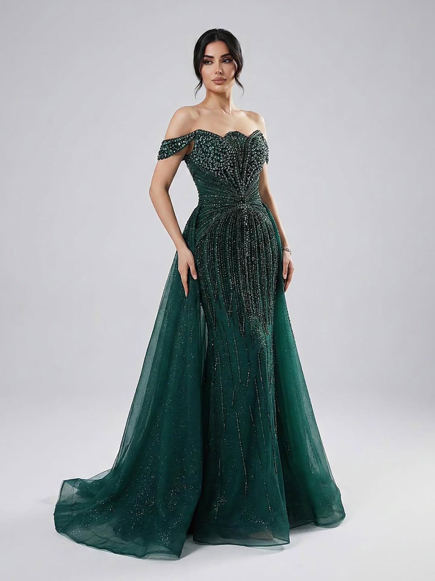 Luxury Beaded Nude Off Shoulder Mermaid Evening Dress LA73392 - SERENE HILL