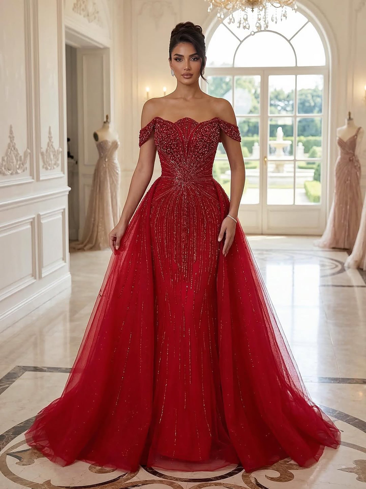 Luxury Beaded Nude Off Shoulder Mermaid Evening Dress LA73392 - SERENE  HILL