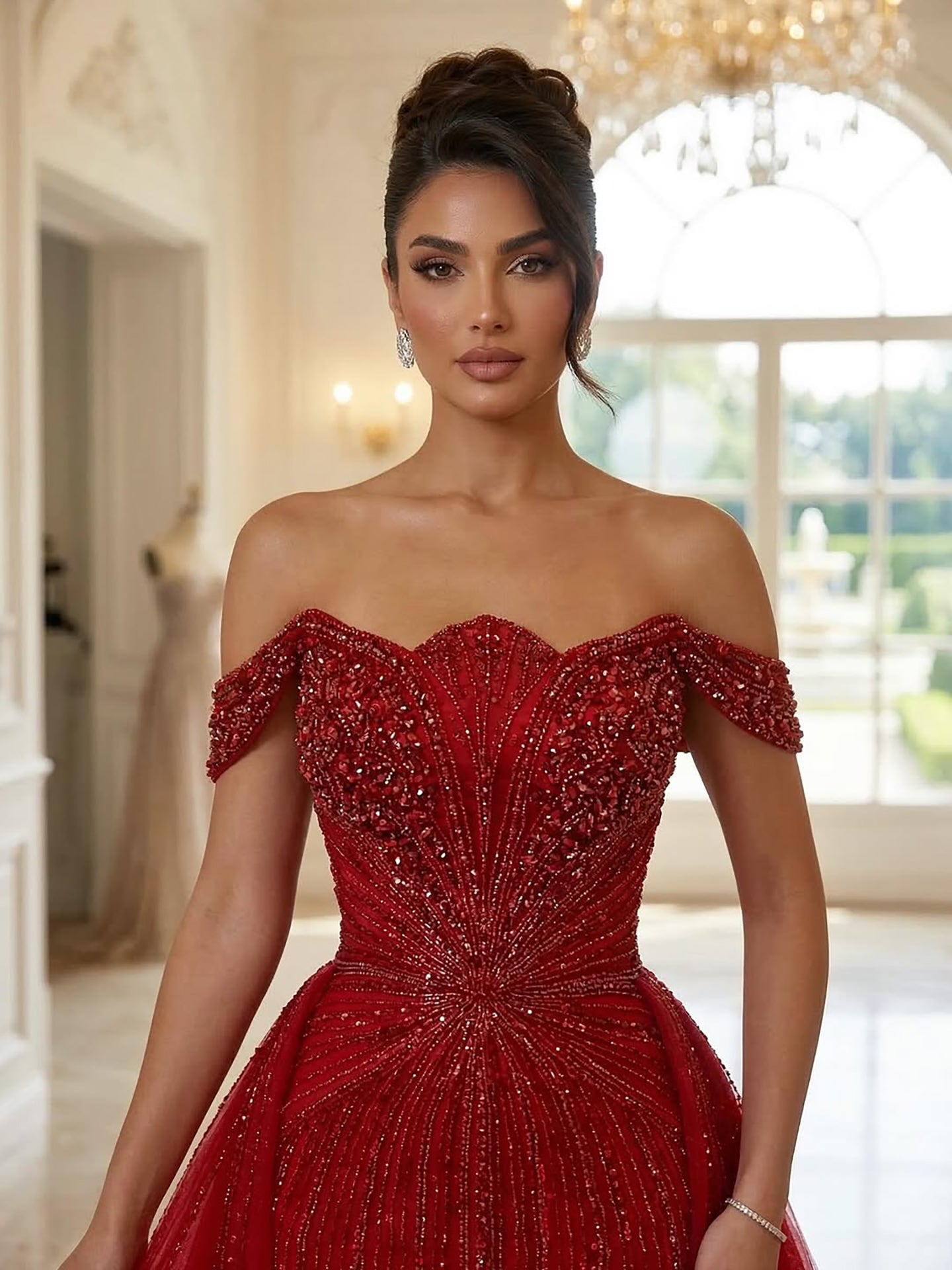 Luxury Beaded Nude Off Shoulder Mermaid Evening Dress LA73392 - SERENE  HILL