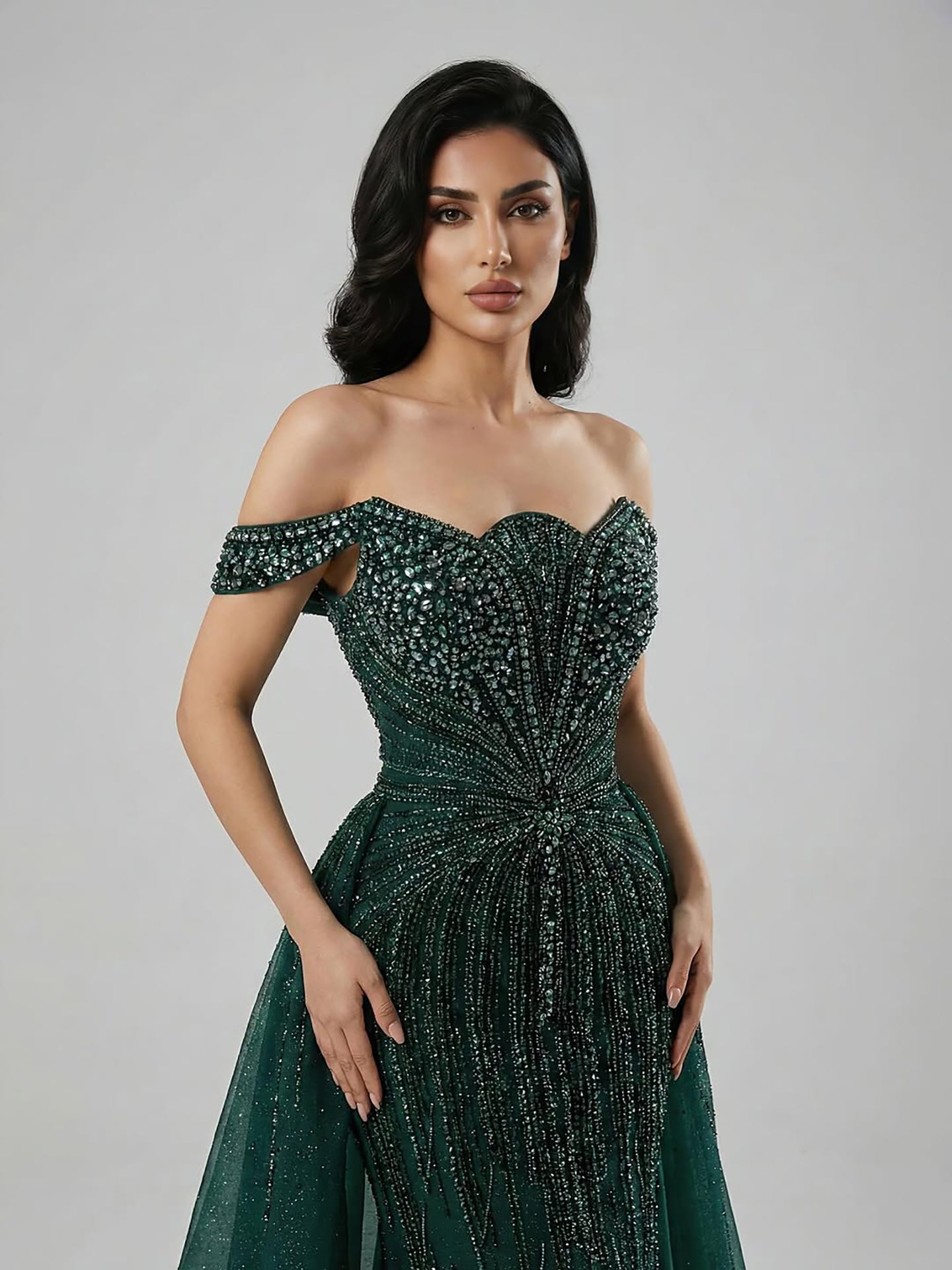 Luxury Beaded Nude Off Shoulder Mermaid Evening Dress LA73392 - SERENE HILL