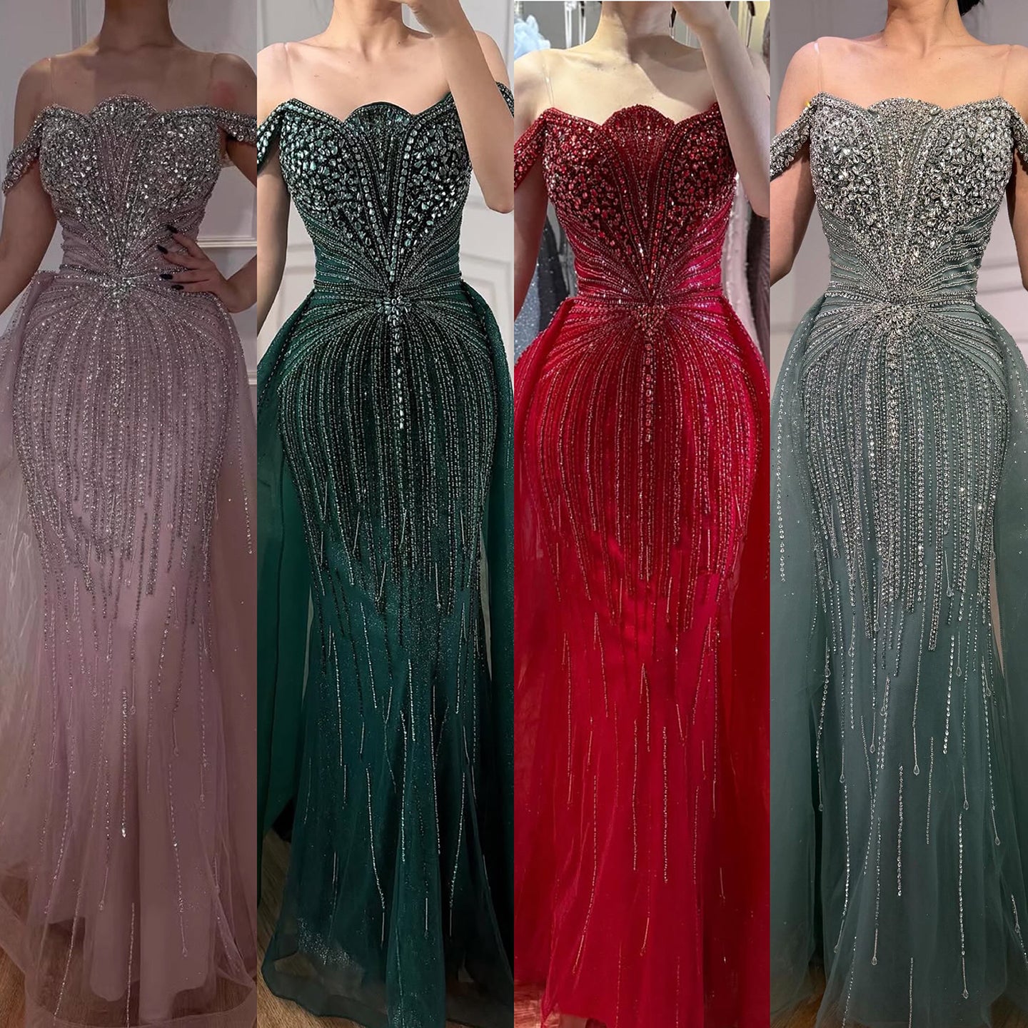 Luxury Beaded Nude Off Shoulder Mermaid Evening Dress LA73392 - SERENE  HILL