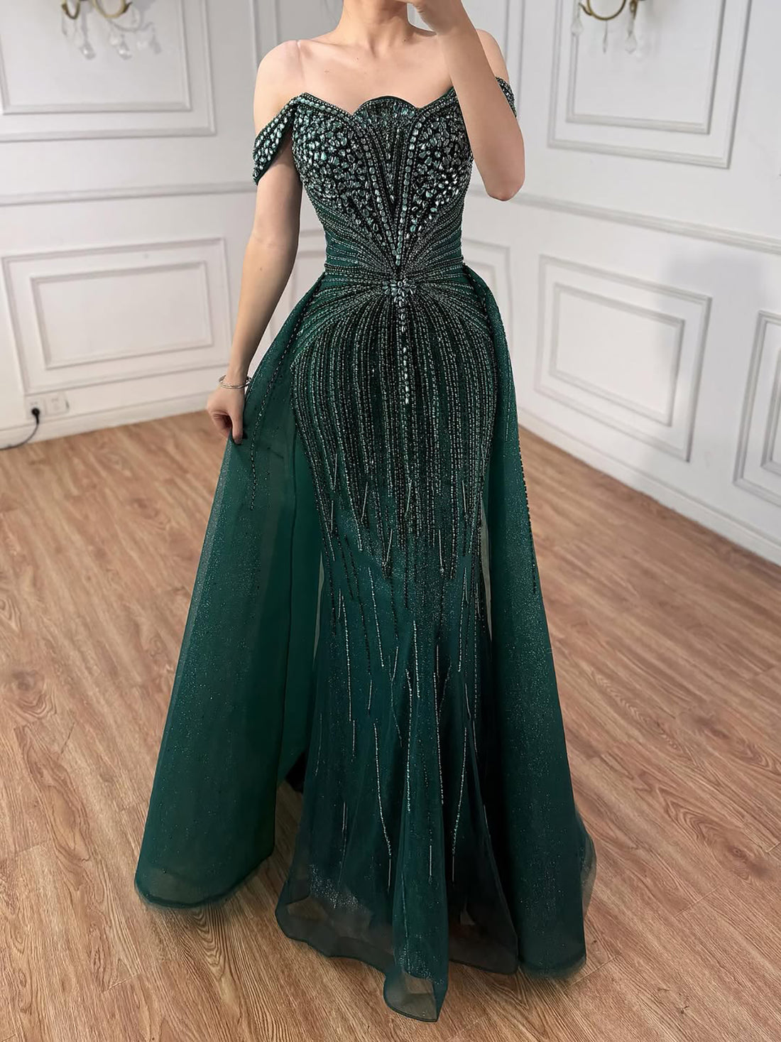 Luxury Beaded Nude Off Shoulder Mermaid Evening Dress LA73392 - SERENE HILL