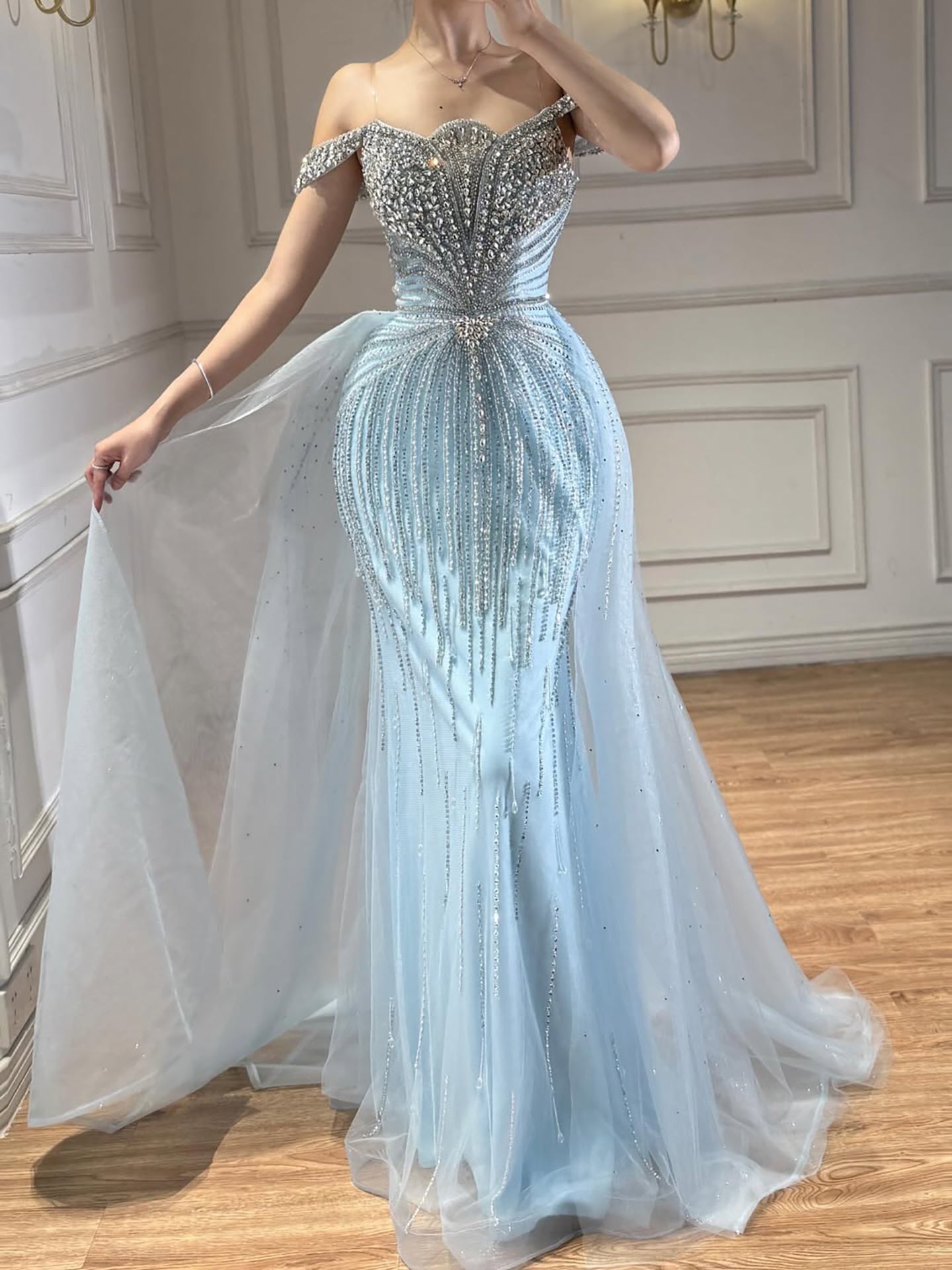 Luxury Beaded Nude Off Shoulder Mermaid Evening Dress LA73392
