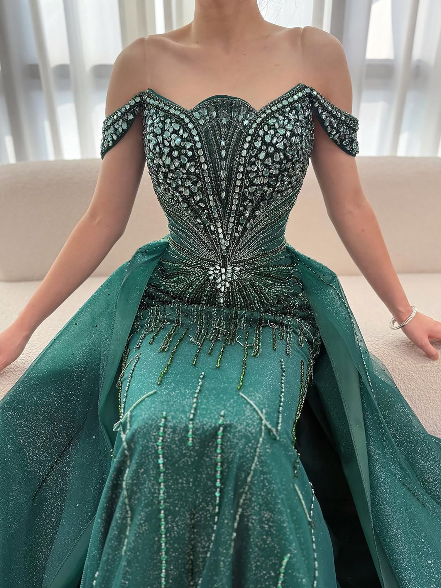 Luxury Beaded Nude Off Shoulder Mermaid Evening Dress LA73392 - SERENE HILL