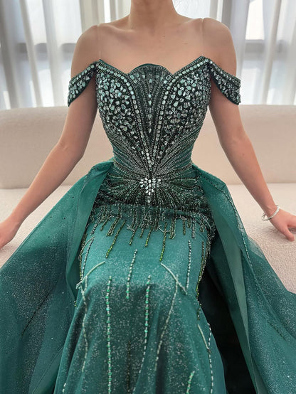 Luxury Beaded Nude Off Shoulder Mermaid Evening Dress LA73392 - SERENE HILL