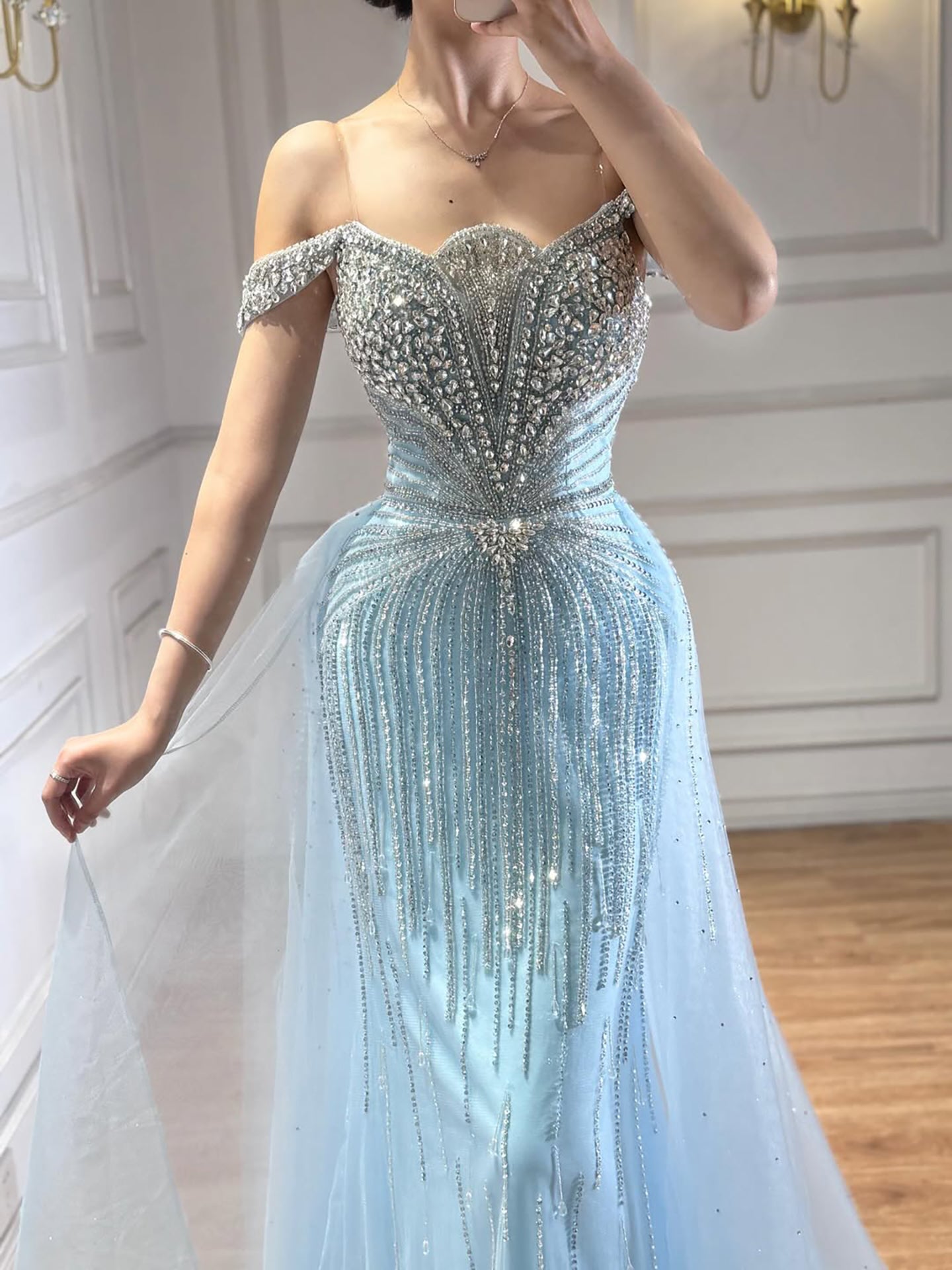 Luxury Beaded Nude Off Shoulder Mermaid Evening Dress LA73392