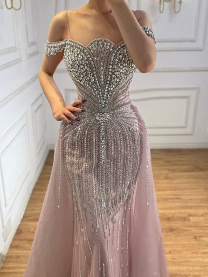 Luxury Beaded Nude Off Shoulder Mermaid Evening Dress LA73392 - SERENE  HILL