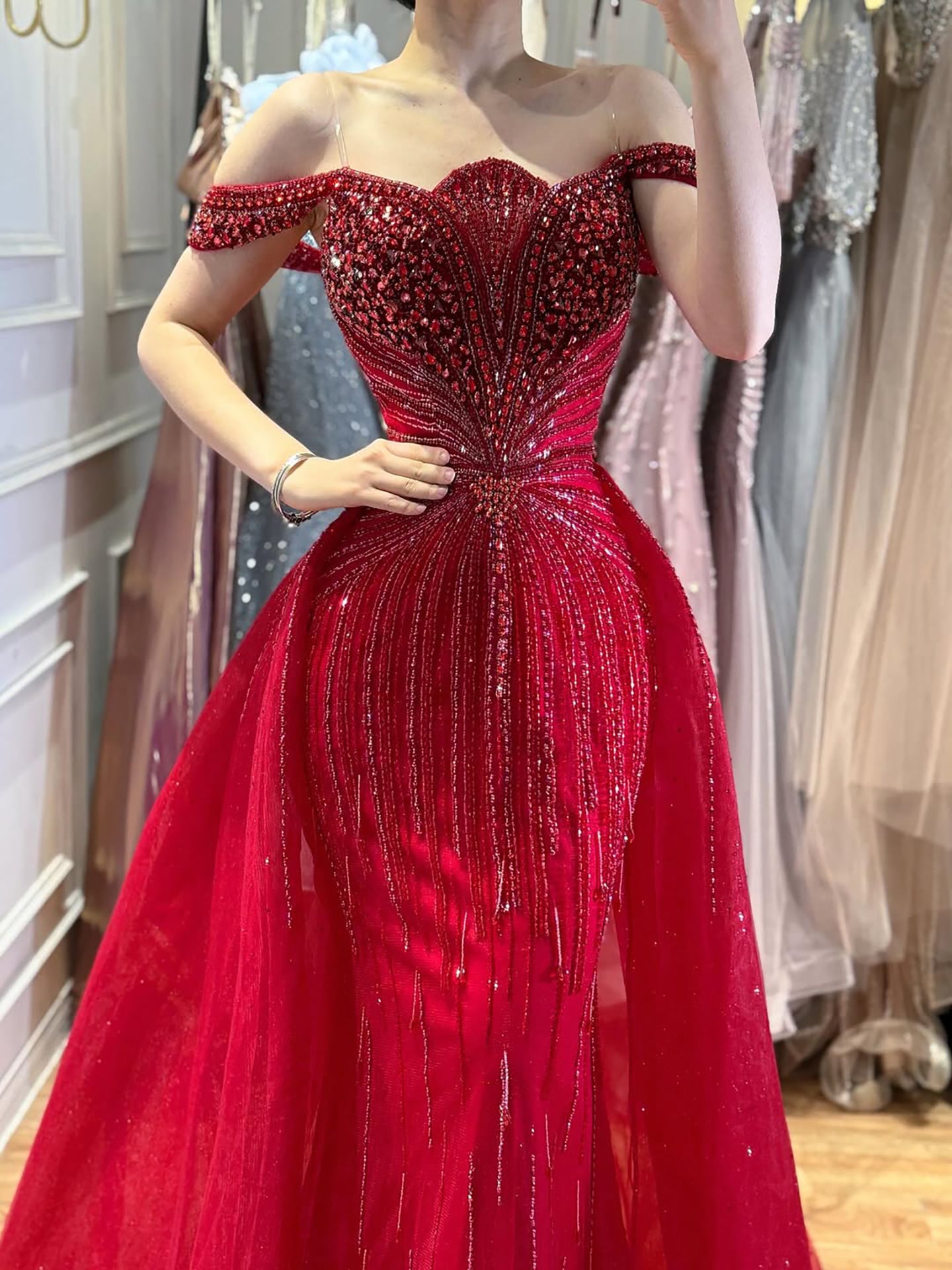 Luxury Beaded Nude Off Shoulder Mermaid Evening Dress LA73392 - SERENE  HILL