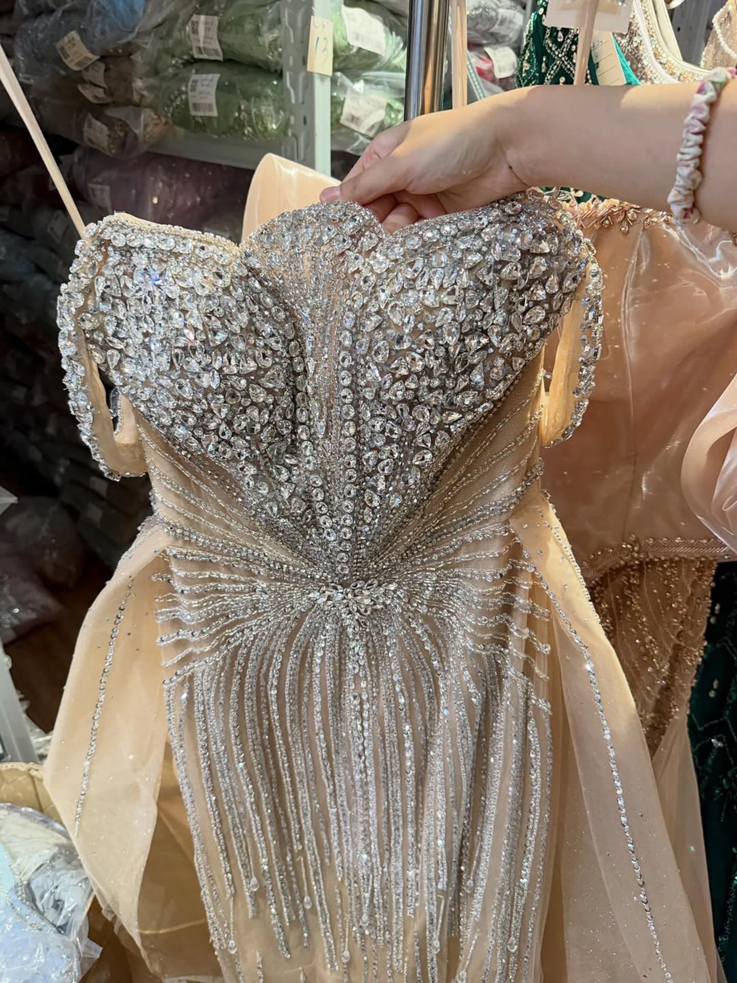 Luxury Beaded Nude Off Shoulder Mermaid Evening Dress LA73392