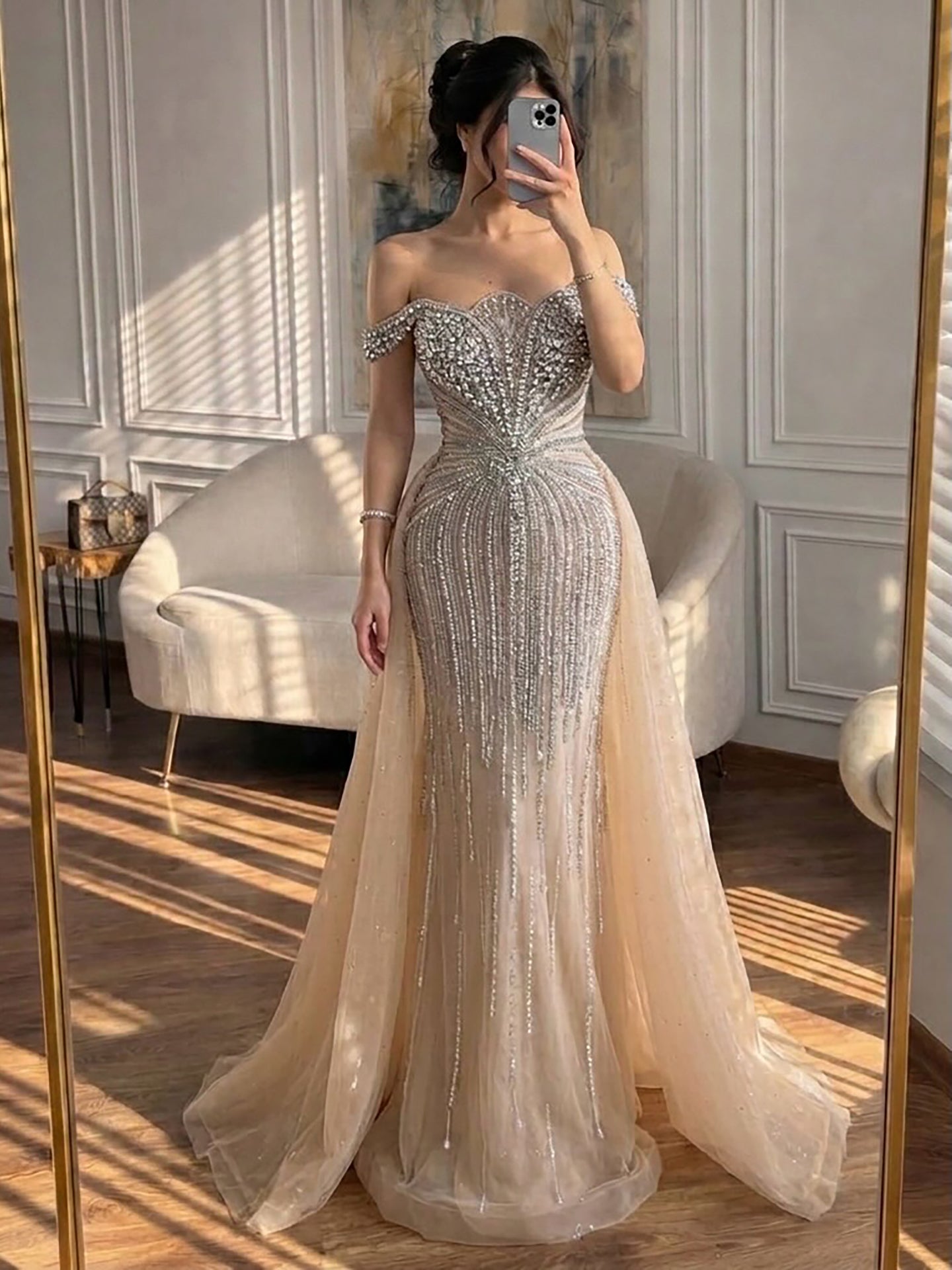 Luxury Beaded Nude Off Shoulder Mermaid Evening Dress LA73392