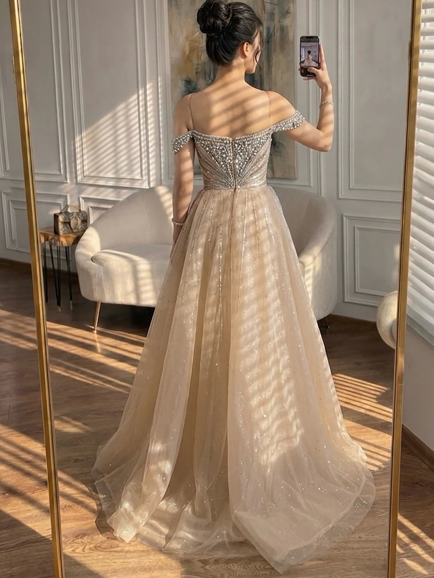 Luxury Beaded Nude Off Shoulder Mermaid Evening Dress LA73392