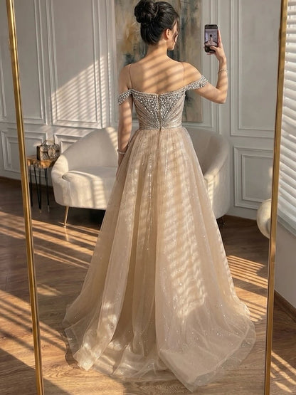 Luxury Beaded Nude Off Shoulder Mermaid Evening Dress LA73392