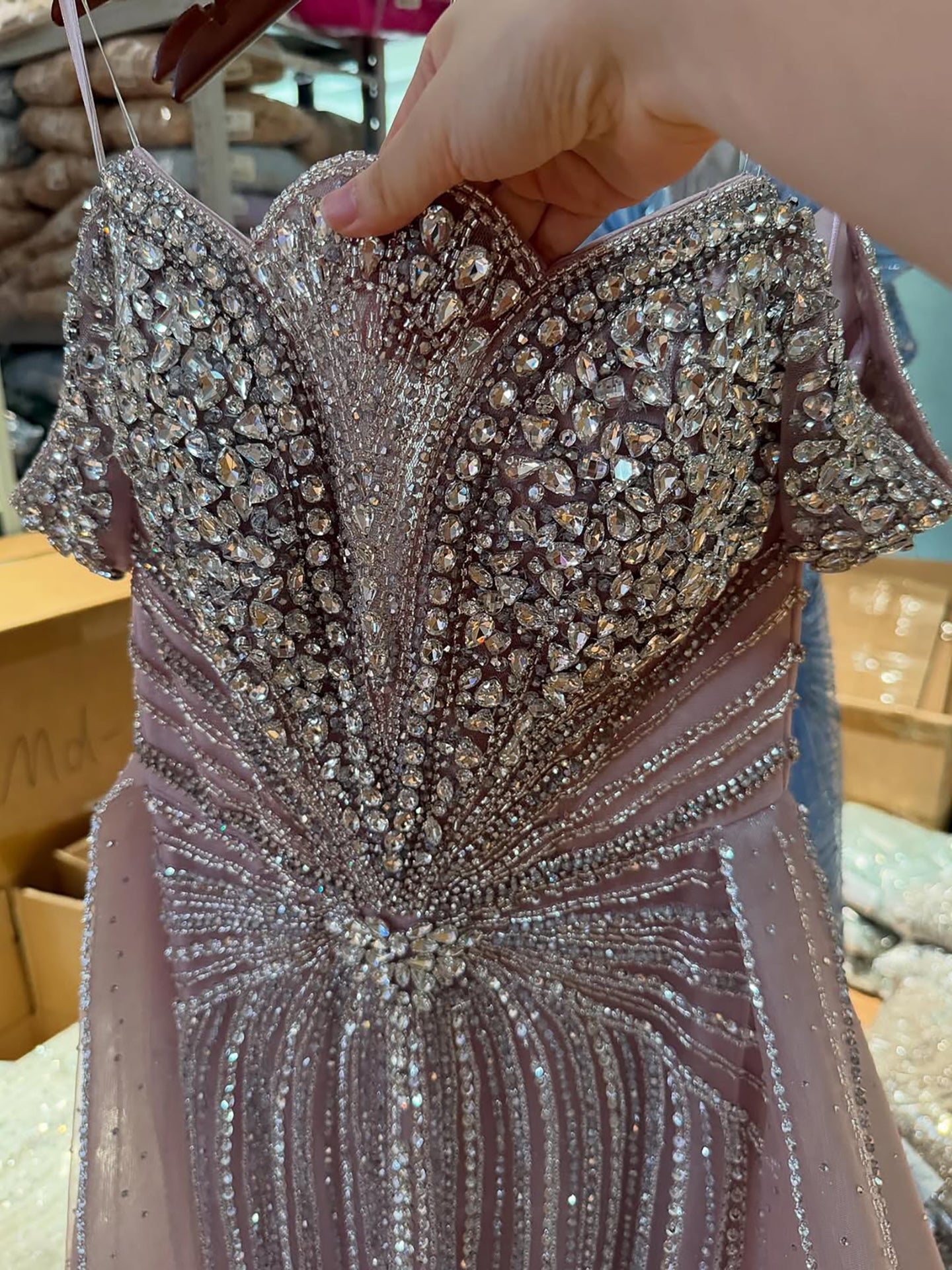 Luxury Beaded Nude Off Shoulder Mermaid Evening Dress LA73392 - SERENE  HILL