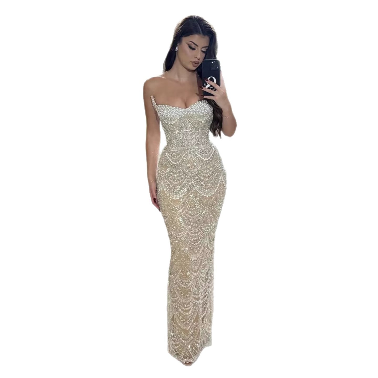 Luxury Nude Pearls Beaded Strapless Mermaid Evening Dress LA73395 - SERENE  HILL