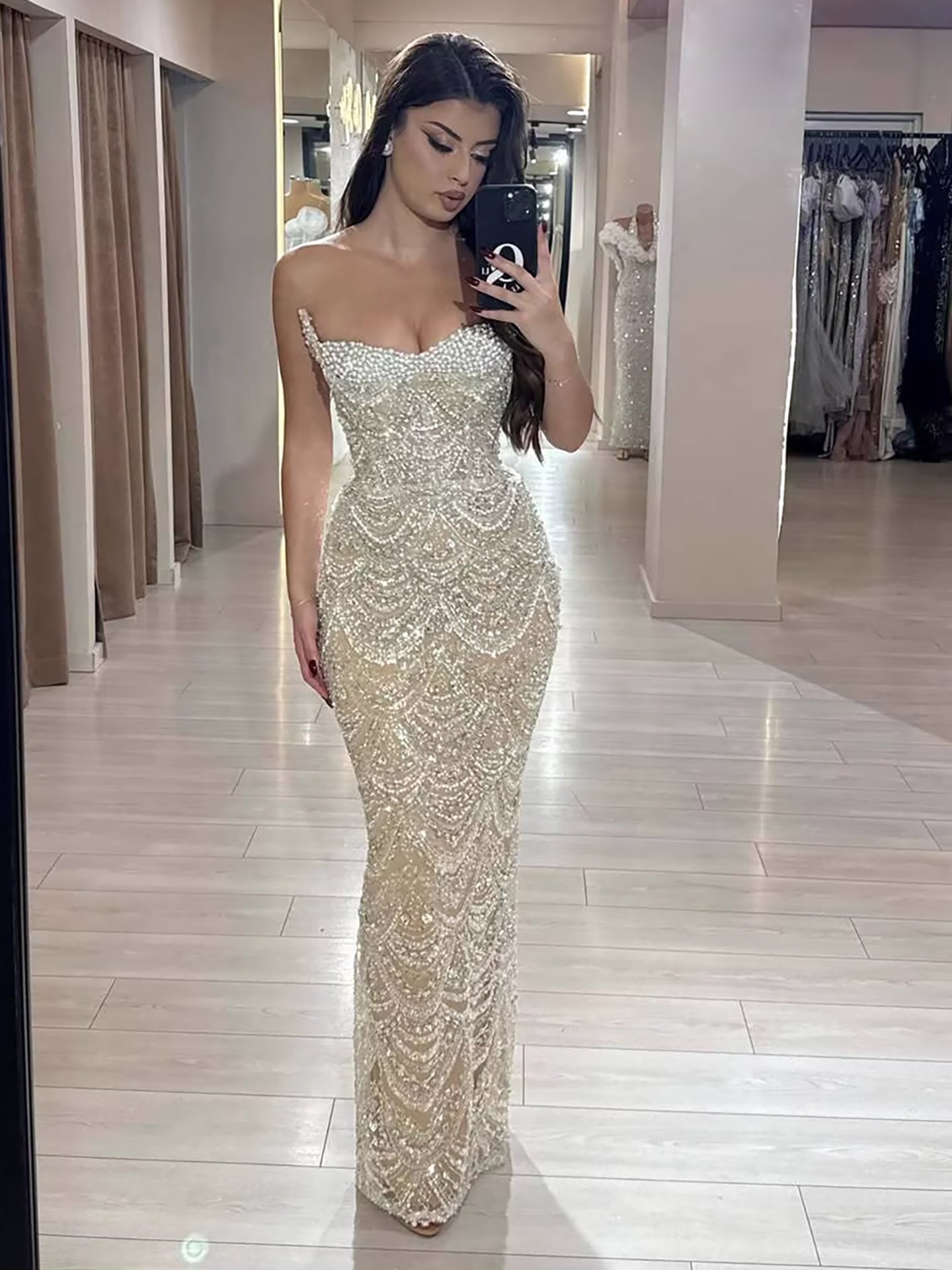 Luxury Nude Pearls Beaded Strapless Mermaid Evening Dress LA73395 - SERENE  HILL
