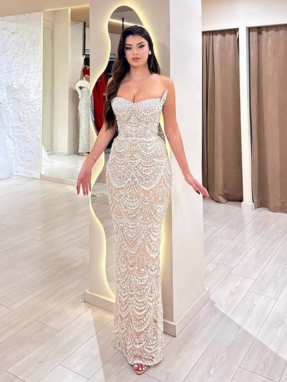Luxury Nude Pearls Beaded Strapless Mermaid Evening Dress LA73395 - SERENE  HILL