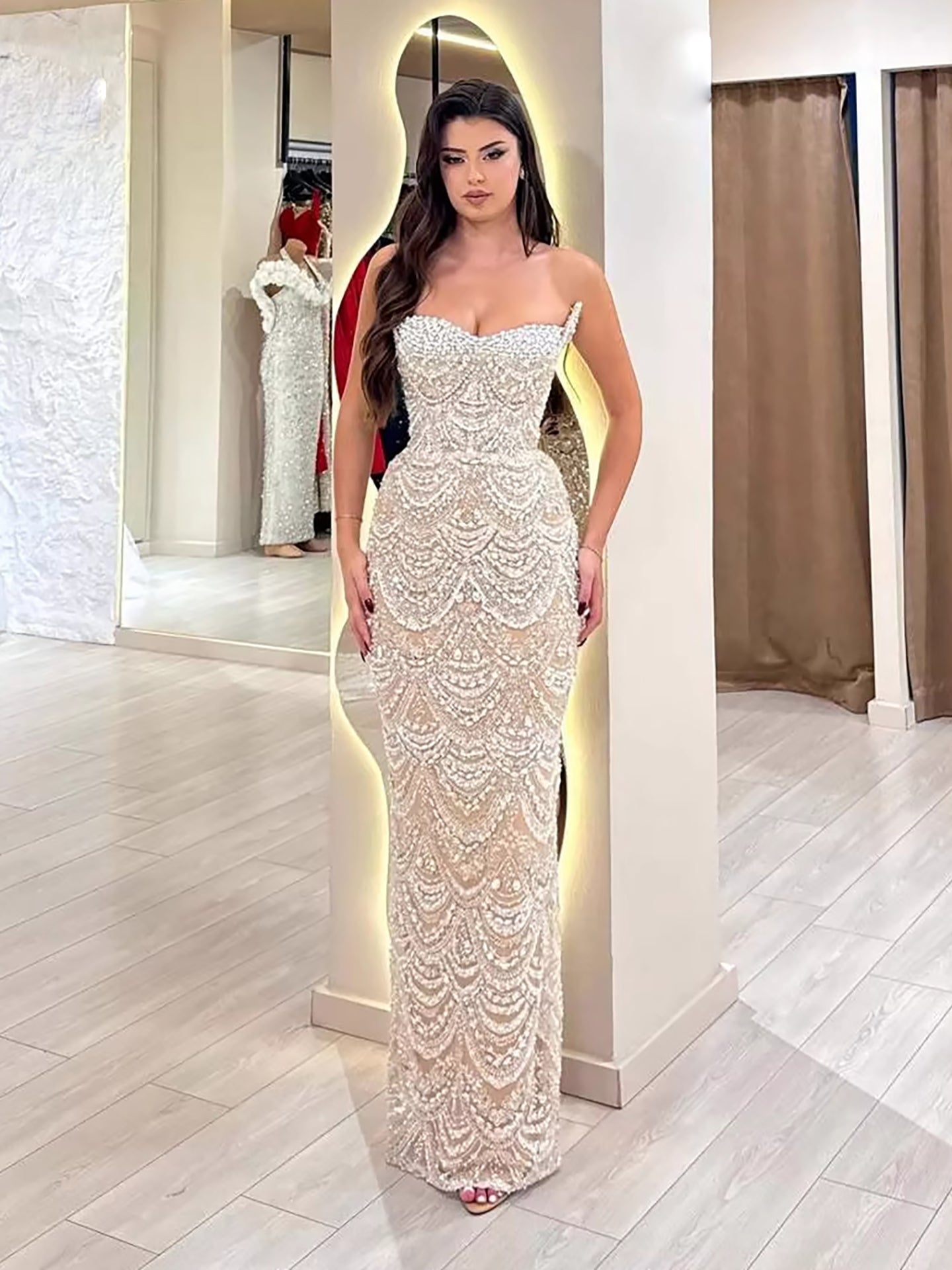 Luxury Nude Pearls Beaded Strapless Mermaid Evening Dress LA73395 - SERENE  HILL