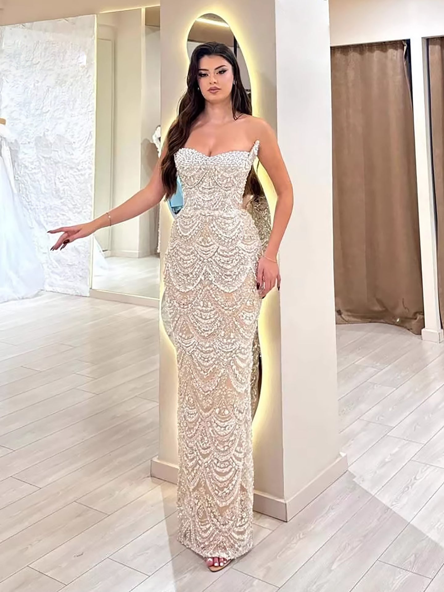 Luxury Nude Pearls Beaded Strapless Mermaid Evening Dress LA73395 Nude / 4