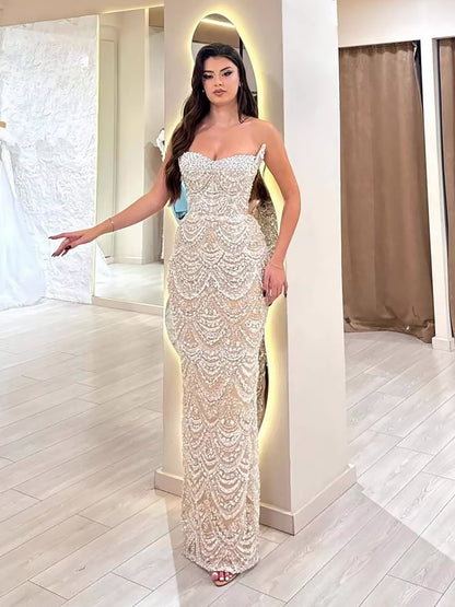 Luxury Nude Pearls Beaded Strapless Mermaid Evening Dress LA73395 - SERENE  HILL
