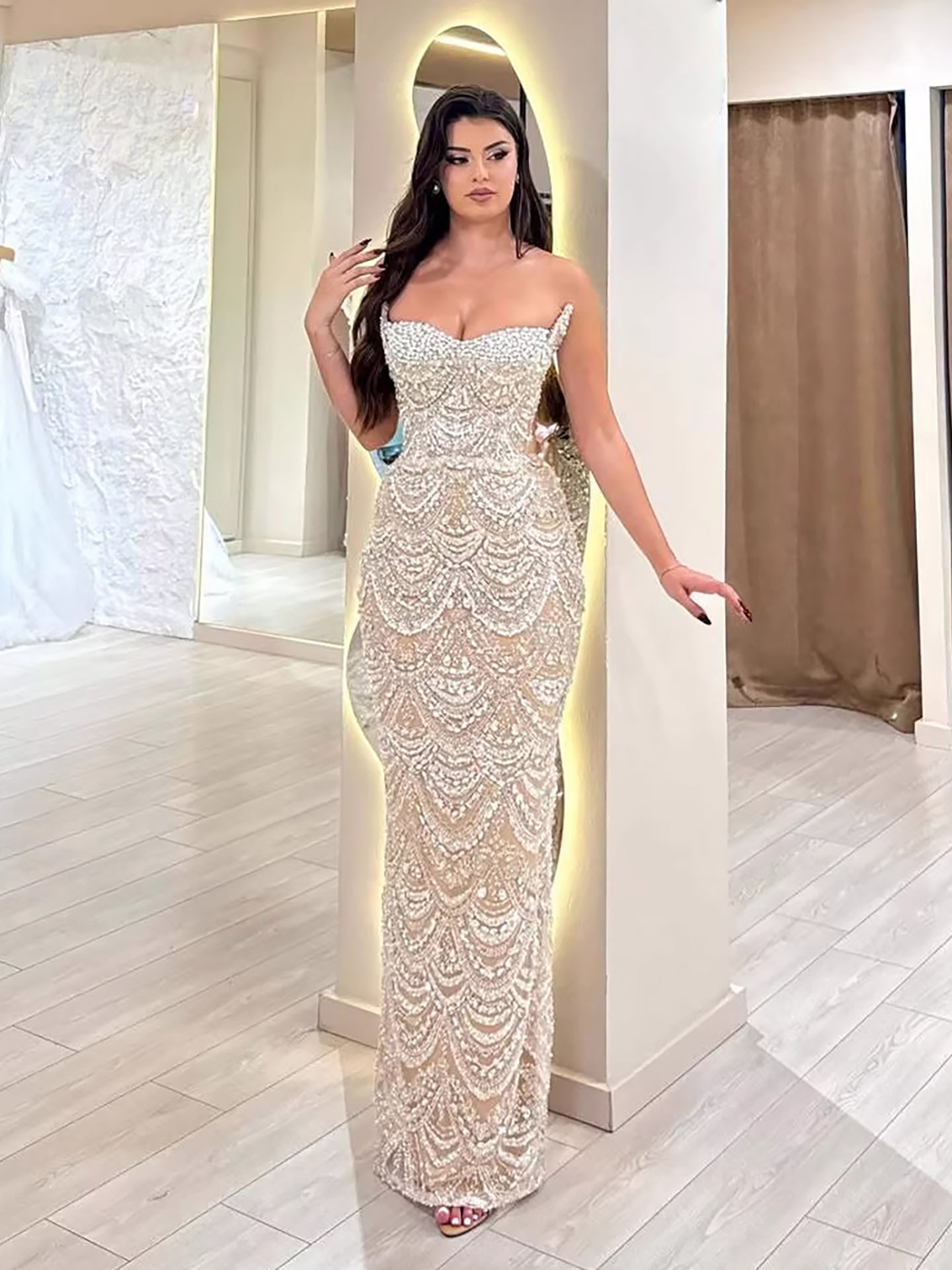 Luxury Nude Pearls Beaded Strapless Mermaid Evening Dress LA73395 - SERENE  HILL