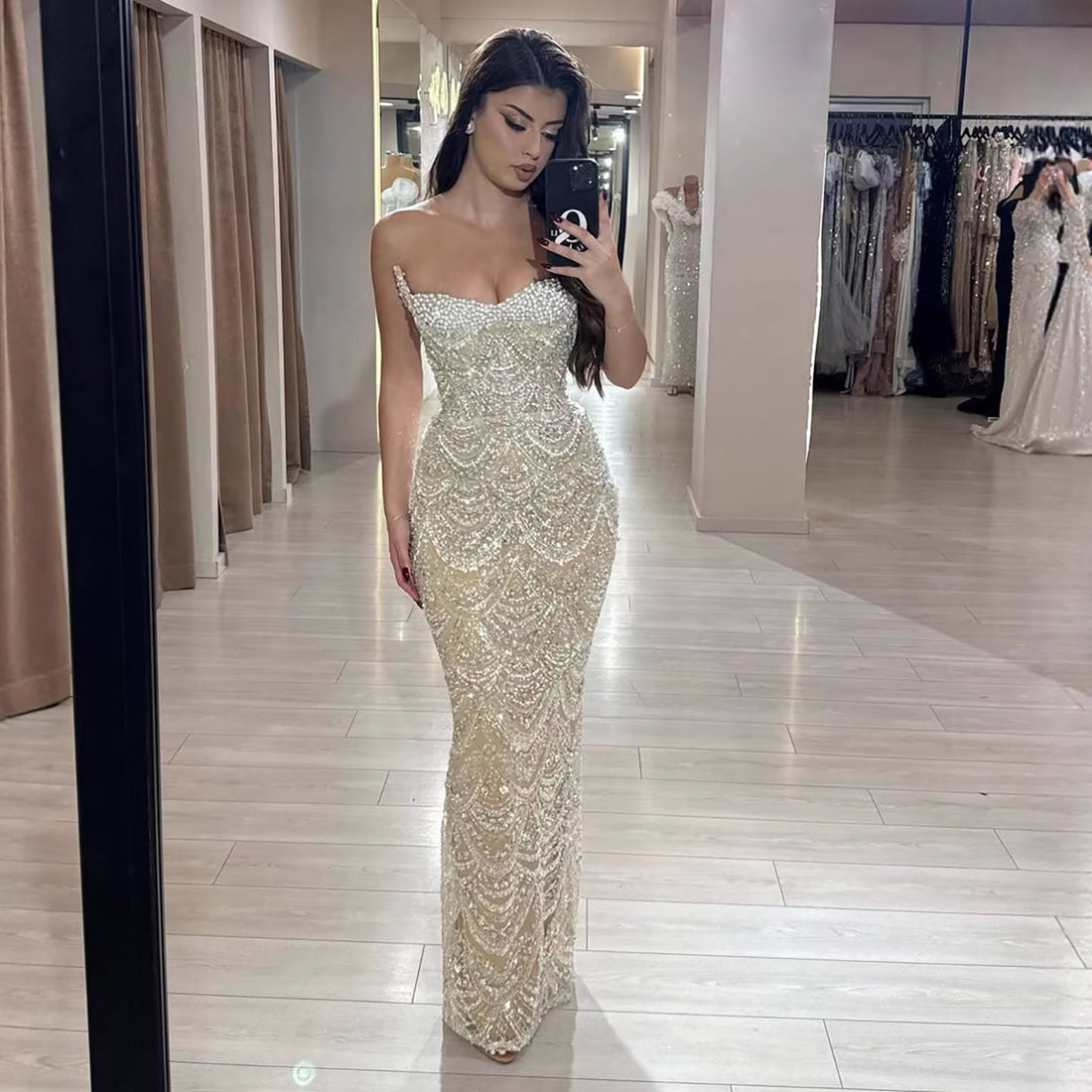 Luxury Nude Pearls Beaded Strapless Mermaid Evening Dress LA73395 - SERENE  HILL