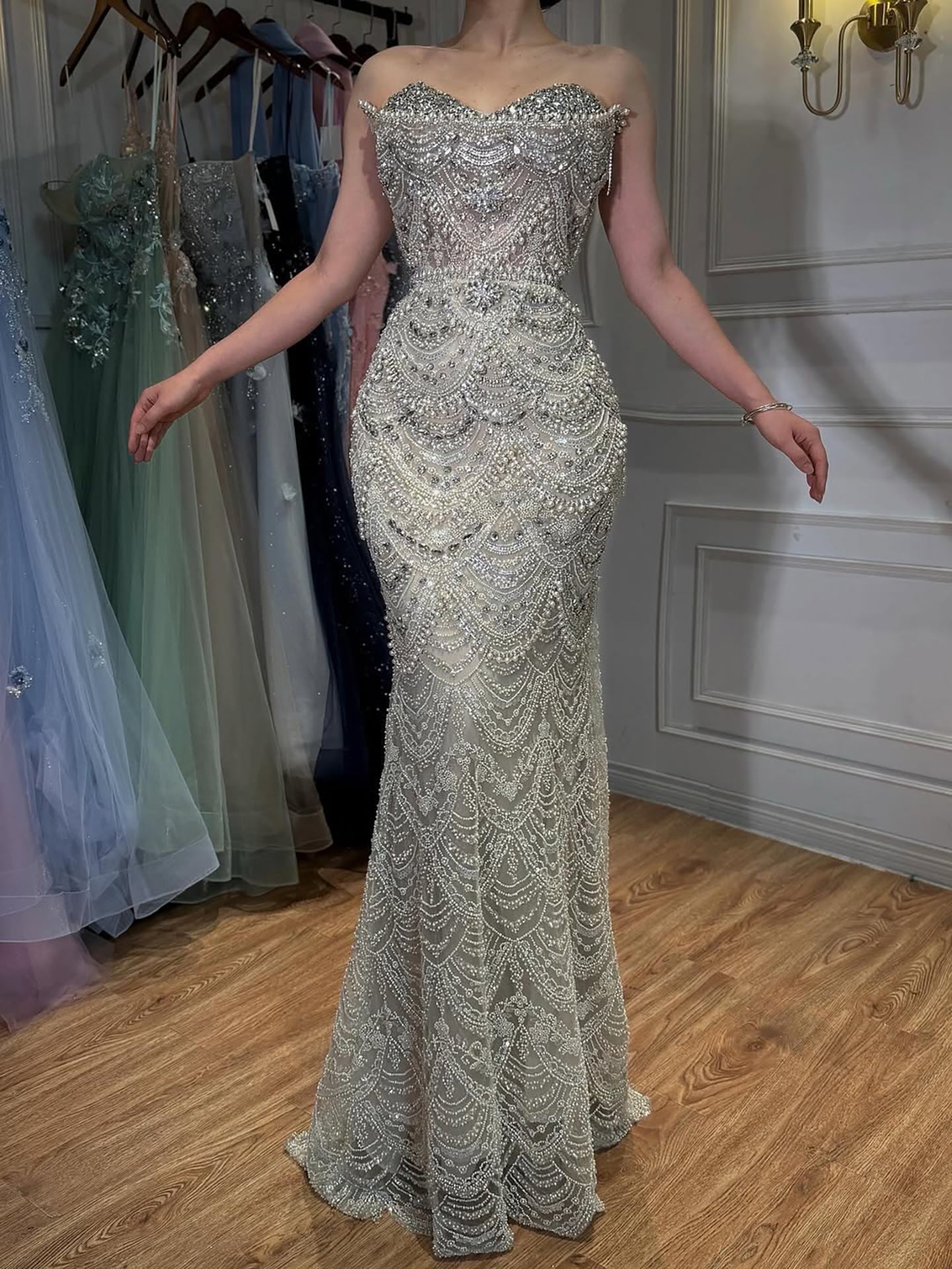 Luxury Nude Pearls Beaded Strapless Mermaid Evening Dress LA73395 - SERENE  HILL