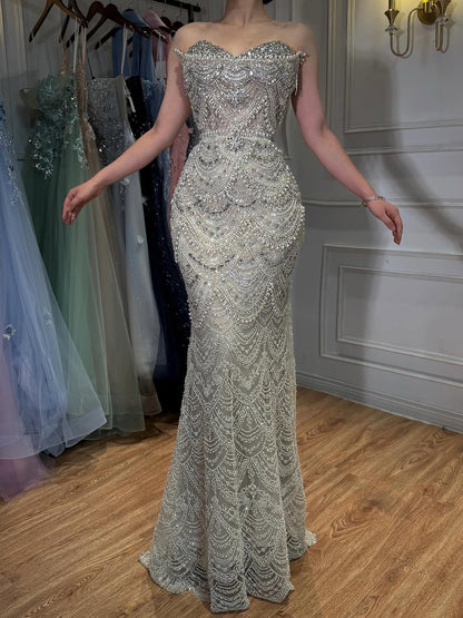 Luxury Nude Pearls Beaded Strapless Mermaid Evening Dress LA73395 - SERENE  HILL