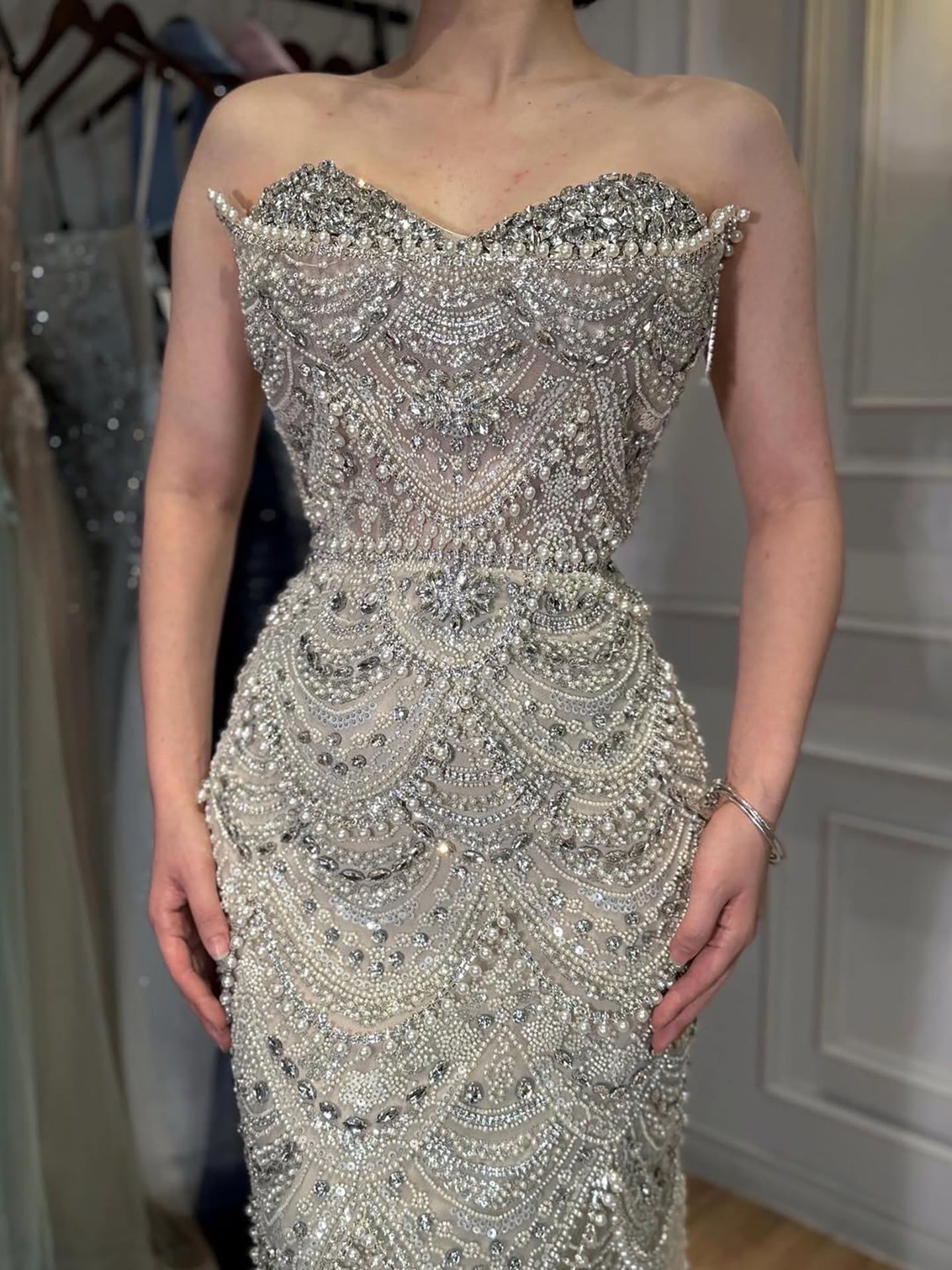 Luxury Nude Pearls Beaded Strapless Mermaid Evening Dress LA73395 - SERENE  HILL