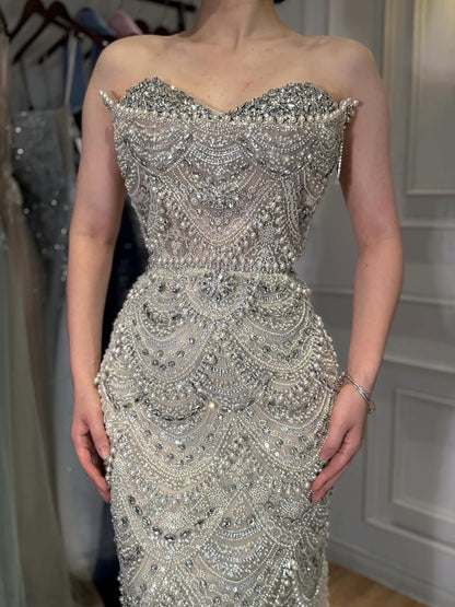 Luxury Nude Pearls Beaded Strapless Mermaid Evening Dress LA73395 - SERENE  HILL