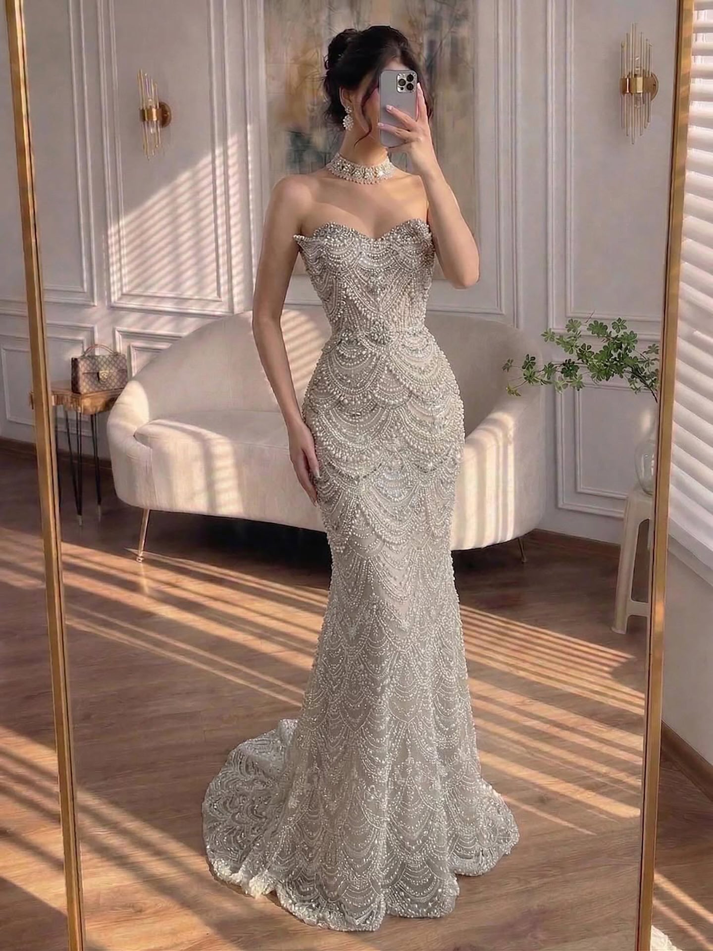 Luxury Nude Pearls Beaded Strapless Mermaid Evening Dress LA73395 - SERENE  HILL