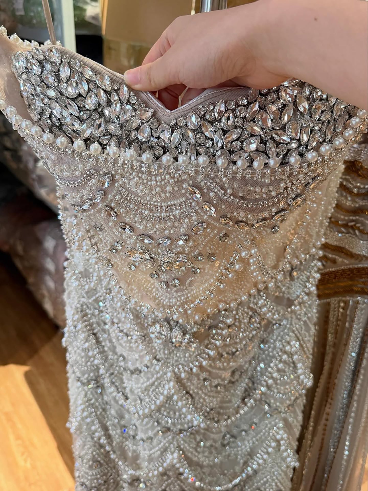 Luxury Nude Pearls Beaded Strapless Mermaid Evening Dress LA73395 - SERENE  HILL