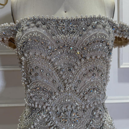 Luxury Nude Pearl Beaded Mermaid Off Shoulder Evening Dress LA73395A SERENE HILL