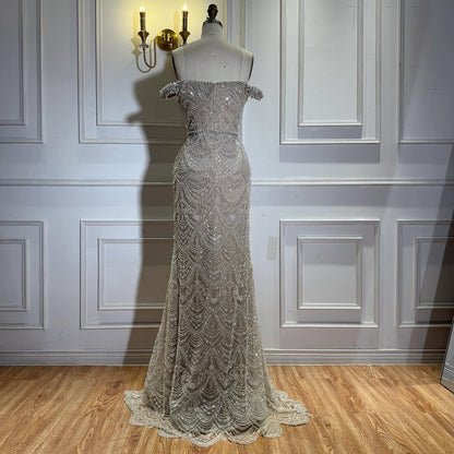 Luxury Nude Pearl Beaded Mermaid Off Shoulder Evening Dress LA73395A SERENE HILL