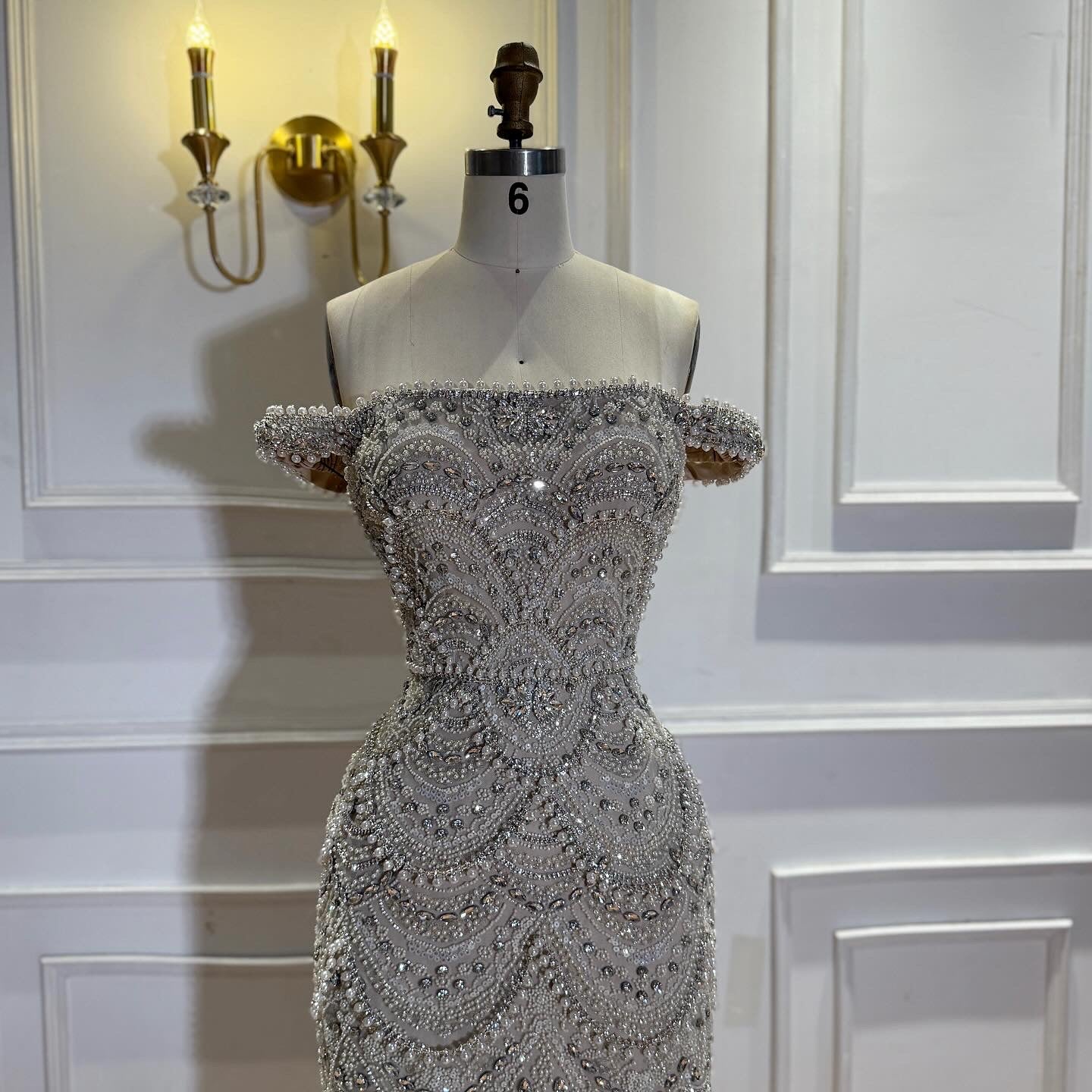 Luxury Nude Pearl Beaded Mermaid Off Shoulder Evening Dress LA73395A SERENE HILL