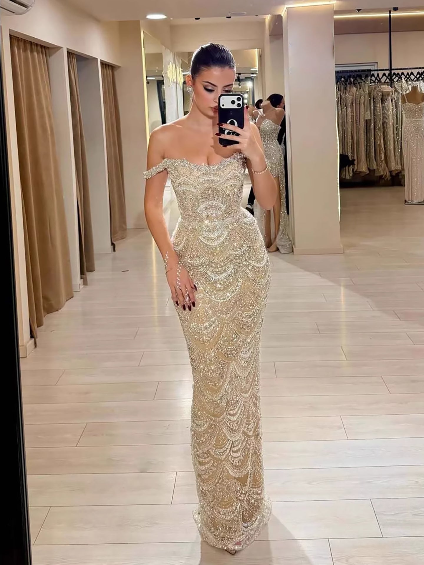 Luxury Nude Pearl Beaded Mermaid Off Shoulder Evening Dress LA73395A - SERENE  HILL